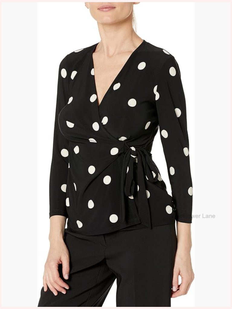 3/4 Sleeve Polka Dot Jersey Wrap Top V-Neck Tunic